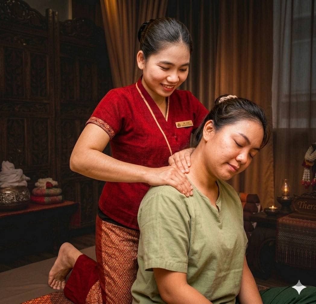 DALA38 therapist massaging a guest's shoulders in a Thai-style treatment room